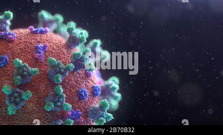 Nueva visualización 3D del virus Covid-19. La mayoría de las personas infectadas con Coronavirus desarrollan enfermedades respiratorias agudas graves con síntomas de fiebre, tos y falta de aliento. Crédito: Fusion Medical Animation/Alamy Live News