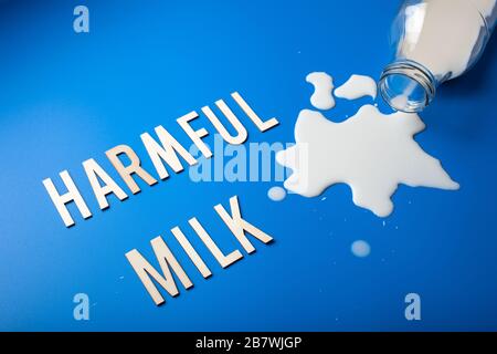leche nociva palabras letras intolerancia a la lactosa alergia. salpicaduras de leche. evite los productos lácteos peligrosos Foto de stock