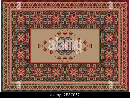 Imagen de una lujosa alfombra oriental antigua con marrón, rojo y beige patrones y ornamento en el centro sobre un fondo beige Foto de stock