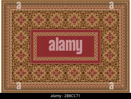 Dibujo de un viejo lujosas alfombras orientales con rojo, tonos marrones y beige y un borde entramado en el oriente sobre un fondo blanco. Foto de stock