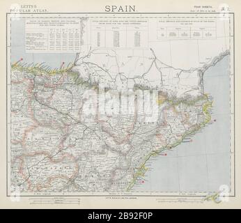 ESPAÑA NORESTE. Cataluña Aragón Navarra. Ferrocarriles Faros. Mapa DE LETTS 1884 Foto de stock