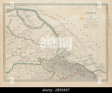 INDIA PAKISTÁN Punjab Garhwal Lahore Sirhind China Cachemira SDUK 1844 mapa antiguo Foto de stock