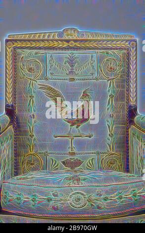 Un sillón, marcos atribuidos a François-Honoré-Georges Jacob-Desmalter (francés, 1770 - 1841), tapicería de tapicería de tapicería de Beauvais Manufactory (francés, fundada en 1664), París, Francia, alrededor de 1810, caoba y haya, monturas de bronce dorado, lana y seda, 100.6 × 63.5 × 48.3 cm (39 5/8 × 25 × 19 pulg.), Reimaginado por Gibon, diseño de brillo alegre y cálido y rayos de luz. Arte clásico reinventado con un toque moderno. Fotografía inspirada en el futurismo, abrazando la energía dinámica de la tecnología moderna, el movimiento, la velocidad y la revolución de la cultura.