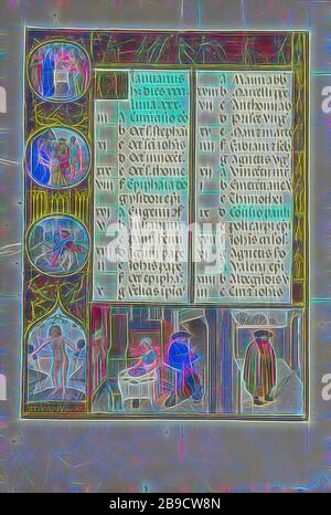 Fiesta y calentamiento, signo zodiacal de Acuario, Taller del Maestro de James IV de Escocia (Flamenco, antes de 1465 - alrededor de 1541), Gante, Bélgica, alrededor de 1510 - 1520, colores Tempera, oro, y tinta sobre pergamino, Hoja: 23.2 x 16.7 cm (9 1,8 x 6 9,16 pulg., Reimaged by Gibon, diseño de brillo cálido y alegre y rayos de luz. Arte clásico reinventado con un toque moderno. Fotografía inspirada en el futurismo, abrazando la energía dinámica de la tecnología moderna, el movimiento, la velocidad y la revolución de la cultura. Foto de stock