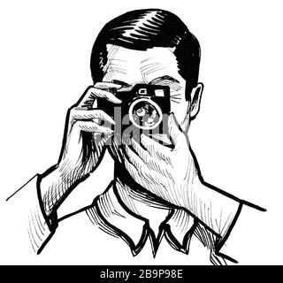 Retro cámara analógica. Dibujo en blanco y negro de tinta Fotografía de  stock - Alamy