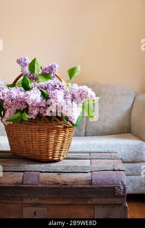 Aún vida interior detalles, ramo de lila en la cesta en el viejo tronco cerca de sofá