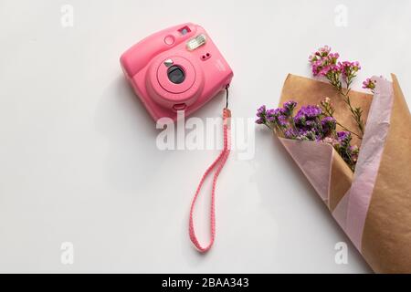 Fondo blanco mínimo, polaroid, papel marrón, flores silvestres color rosa púrpura concepto femenino, naturaleza, belleza, femenino, mimimum, cámara instax rosa, viajar Foto de stock
