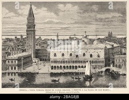 Vista panorámica general de la ciudad de Venecia vista desde el Canal Grande y frente a la Plaza de San Marcos. Italia, Europa. Antiguo siglo 19 grabado