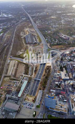 Sitio de construcción A59, Koloniestrasse, Mercator Roundabout en Duisburg, 19.01.2014, vista aérea, Alemania, Renania del Norte-Westfalia, zona de Ruhr, Duisburg Foto de stock