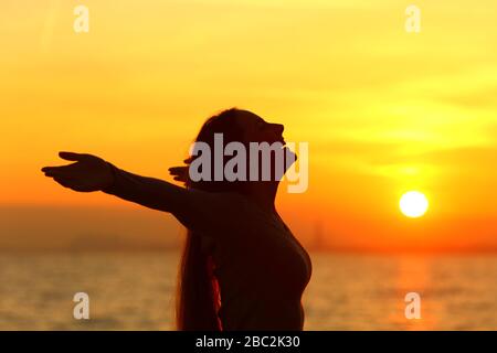 Vista lateral retrato de una mujer feliz celebrando un nuevo día estirando los brazos al amanecer en la playa