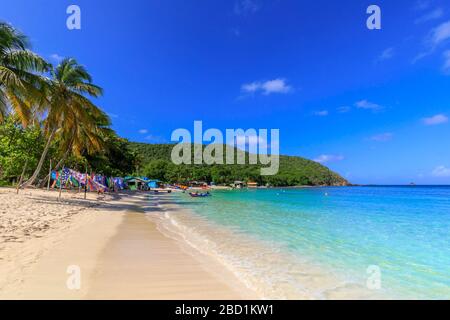 Saltwhistle Bay, hermosa playa de arena blanca, mar turquesa, palmeras, Mayreau, Grenadines, San Vicente y las Granadinas, Caribe Foto de stock