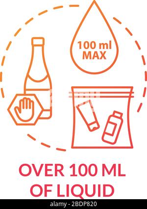 Más de 100 ml de icono de concepto líquido. Pasajero avión equipaje de mano,  pertenencias limitar idea de línea delgada ilustración. Control de equipaje.  Vector aislado Imagen Vector de stock - Alamy