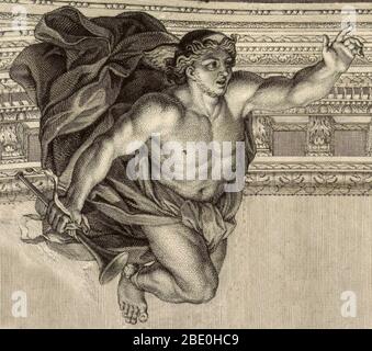 Hermes es un antiguo dios griego, hijo de Zeus y la Pleyad Maia. Él es conocido como el mensajero de los dioses, y el que conduce almas al mundo subterráneo. En algunos mitos es un engaño, y exteriorta otros dioses por su propia satisfacción o por el bien de la humanidad. Sus atributos y símbolos principales incluyen sandalias aladas (lo que le permite volar), un capuchón alado (mostrado aquí), y el personal de su heraldo (el kerikeion griego o caduceo latino), que consiste en dos serpientes envueltas alrededor de un personal alado. Foto de stock