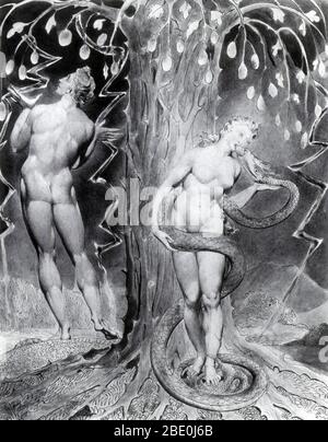 "La tentación y la caída de Eva' ilustrado por William Blake para una edición 1808 de Milton's para 'paraíso perdido'. El paraíso perdido es un poema épico en verso en blanco por el poeta inglés John Milton (9 de diciembre de 1608 - 8 de noviembre de 1674). El poema se refiere a la historia bíblica de la caída del hombre: la tentación de Adán y Eva por el ángel caído Satanás y su expulsión del Jardín del Edén. El propósito de Milton, declaró en el Libro I, es 'justificar los caminos de Dios a los hombres". William Blake (28 de noviembre de 1757 - 12 de agosto de 1827) fue un poeta inglés, pintor y grabador. En gran parte desapercibidos durante su vida Foto de stock