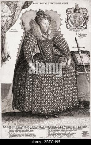 Elizabeth I, 1533 - 1603. Reina de Inglaterra. Desde un grabado del siglo XVII realizado por Crispijn van de Passe el Viejo, después de una obra de Isaac Oliver.