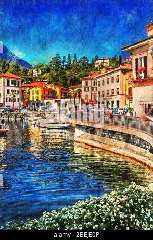 Ver la ciudad antigua de Menaggio en el lago como, Italia - ilustración de estilo pintado de época Foto de stock
