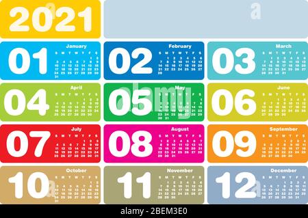Calendario colorido para el año 2021, en formato vectorial.