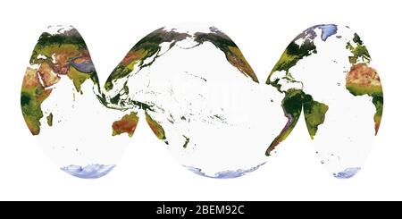 Mapa del Mundo que muestra la cubierta terrestre y relieve sombreado con un estilo natural y un relieve sombreado de los océanos. Goode Homolosine proyección oceánica.