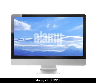 Monitor panorámico de ordenador con fondo azul y aplicaciones coloridas en  pantalla. Aislado en blanco. 3D Imagen aislada sobre un blanco. 3d imagen  Fotografía de stock - Alamy