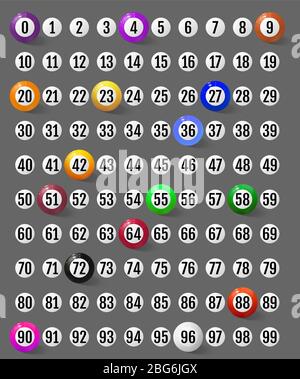Bolas de loteria ilustração em vetor 3d realista. esferas coloridas caindo  com números de combinação de vitória da sorte. keno, bingo, jogos de azar  de loteria. conceito de atividade, rifa ou jackpot