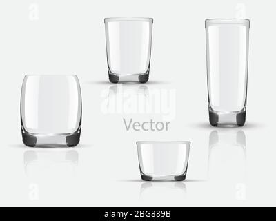 Gafas realistas vacías para diferentes bebidas y cócteles sobre fondo gris ilustración vectorial aislada. Colección de varios cristales aislados Ilustración del Vector