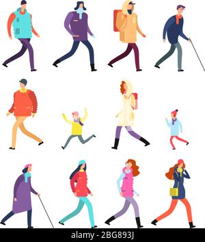 Personas en ropa de invierno. Dibujos animados hombre y mujer, adolescentes  y niños caminando en temporada fría. Juego de caracteres vectoriales de  invierno. Ilustración de ropa para hombre y niña Imagen Vector