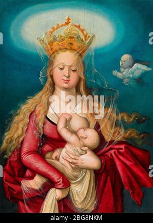 La Virgen como reina del cielo succionando al bebé Cristo - Hans Baldung Foto de stock