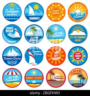 Etiquetas de verano vintage. Logotipos tropicales de vectores de vacaciones con tipografía - emblemas con sol y mar. Ilustración de viaje y verano, insignia de playa de mar Ilustración del Vector