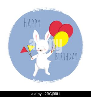 Lindo conejito con banderas y globos. Plantilla de cumpleaños feliz para tarjetas, banners, estampado con conejito de dibujos animados. Ilustración vectorial