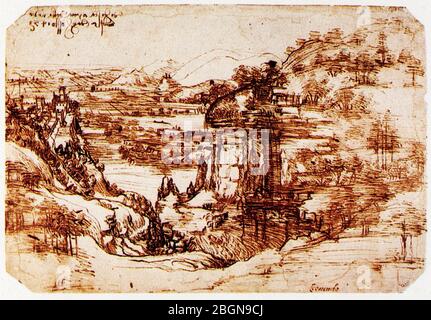 Leonardo da Vinci. Le plus ancien paysage connu. 1473. La vallée de l'Arno. Foto de stock