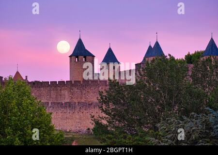 Castillo medieval Comtal castillo en la cima de una colina en la ciudad fortificada de Carcassonne, Francia, Europa Foto de stock