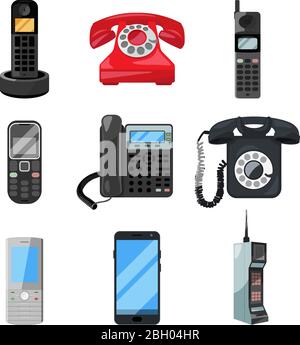 Diferentes teléfonos y smartphones. Ilustraciones vectoriales en estilo de  dibujos animados. Teléfono móvil y smartphone para la comunicación Imagen  Vector de stock - Alamy