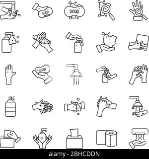 icono de higiene de jabón y manos sobre fondo blanco, estilo de línea, ilustración vectorial Ilustración del Vector