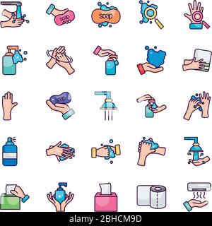 icono de higiene de jabón y manos sobre fondo blanco, estilo de color de línea, ilustración vectorial Ilustración del Vector