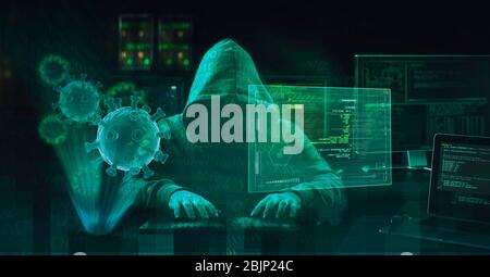 ataque de phishing de la estafa del hacker durante el concepto de seguridad cibernética de la pandemia del coronavirus covid19