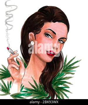 Bonita mujer que fuma marihuana conjunta Dibujo de tinta y acuarela Fotografía de stock Alamy