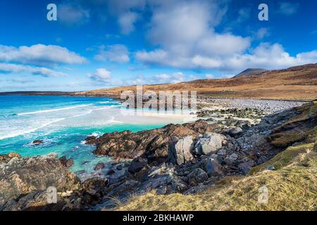 Una playa remota en Mealista en la Isla de Lewis en las Islas Occidentales de Escocia