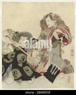 Ichikawa Danjûrô VII als Yoshimune no Munesada met waaier en Ichikawa Omezô in de rol van Sekibei met bijl- Foto de stock