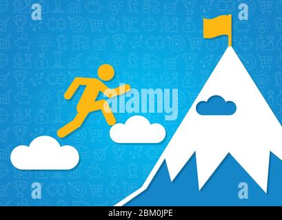 Lograr objetivos. Ilustración con la persona saltando nubes para llegar a la cima de la montaña, fondo azul Foto de stock