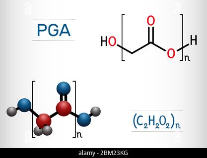 Poliglicoide o ácido poliglicólico, molécula PGA. Es un polímero  termoplástico biodegradable. Fórmula química estructural y modelo de  molécula. Vector Imagen Vector de stock - Alamy