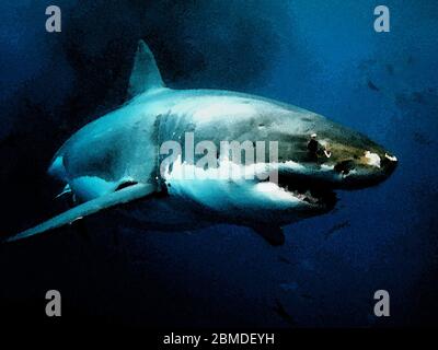 El Gran tiburón blanco es un depredador ápice y unas asombrosas criaturas submarinas en la imagen de acuarela
