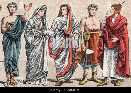 Disfraces religieux dans l'Antiquite : de g a d retal d'un sacrificateur grec, ministre prepose aux sacrificies, une vestale, pretresse de la Rome an Foto de stock