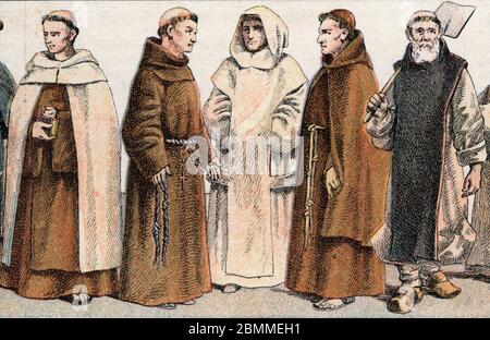 Disfraces religieux : de g a d retreat d'un moine de l'ordre du mont Carmel (Carme), un moine franciscain, un chartreux, un capucin et un moine Trappi Foto de stock