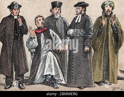 Disfraces religieux : de g a d retreat d'un pasteur presbyterien, un eveque anglicana, un Papa (pretre ortodoxe), un rabbin et un Muezzin (membre de l Foto de stock