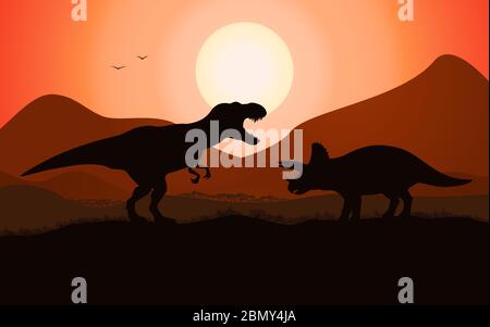 Dinosaurio batalla silueta T-rejer tyrannosaurus vs triceratops. Ilustración vectorial de una batalla de dinosaurio sobre un fondo Jurásico de puesta de sol.