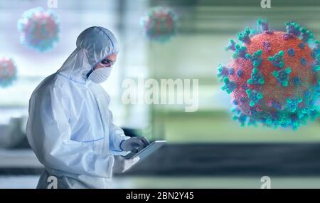Científico en traje limpio investigando coronavirus en laboratorio