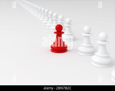 Concepto de liderazgo, peón de ajedrez rojo que se alaba de la multitud de blancos. renderización 3d Foto de stock