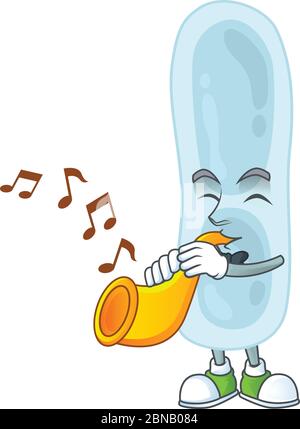 Talentoso músico de klebsiella pneumoniae mascota diseño tocando música con una trompeta