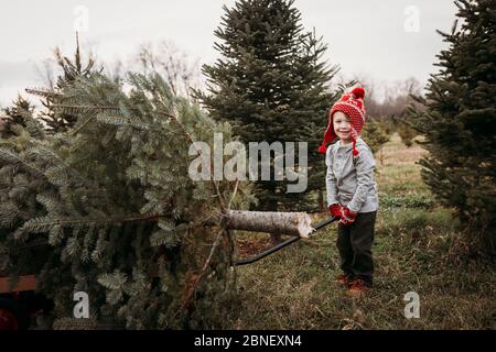Muchacho tirando del árbol de navidad en el vagón en la granja del árbol Foto de stock
