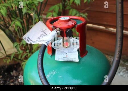 Botella de gas de patio de calor, barbacoa verde a gas Foto de stock